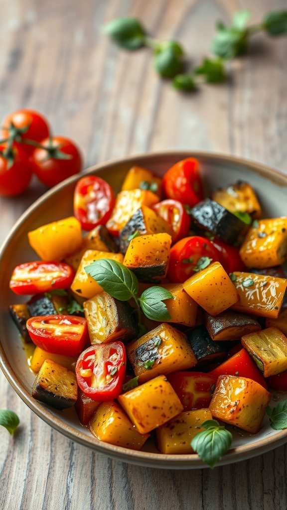 A colorful bowl of air fryer ratatouille with diced zucchini, bell peppers, and cherry tomatoes.