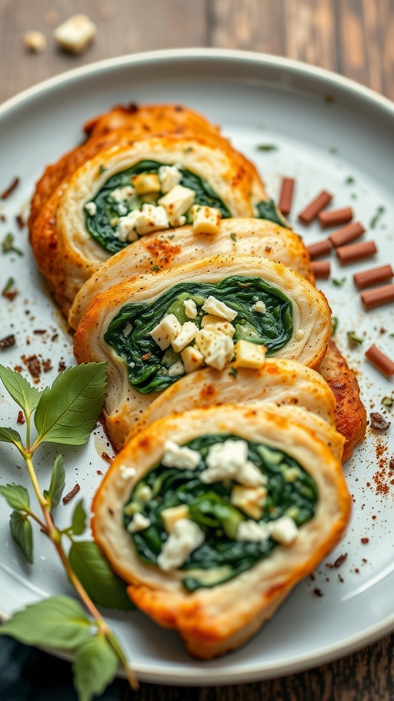 Air fryer spinach and feta stuffed chicken on a plate.