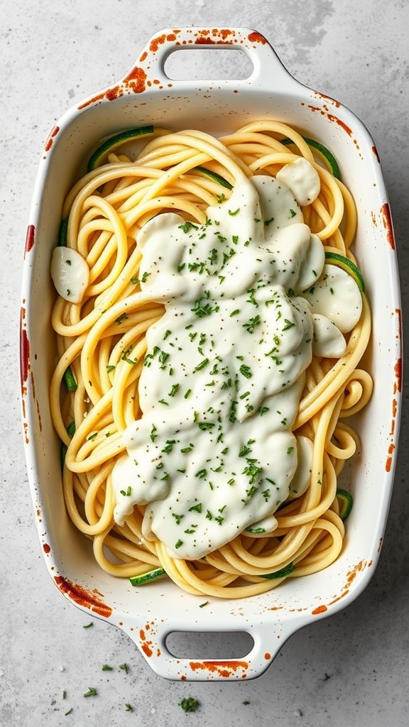 A dish of Alfredo Zoodle Bake with noodles and creamy sauce topped with parsley.