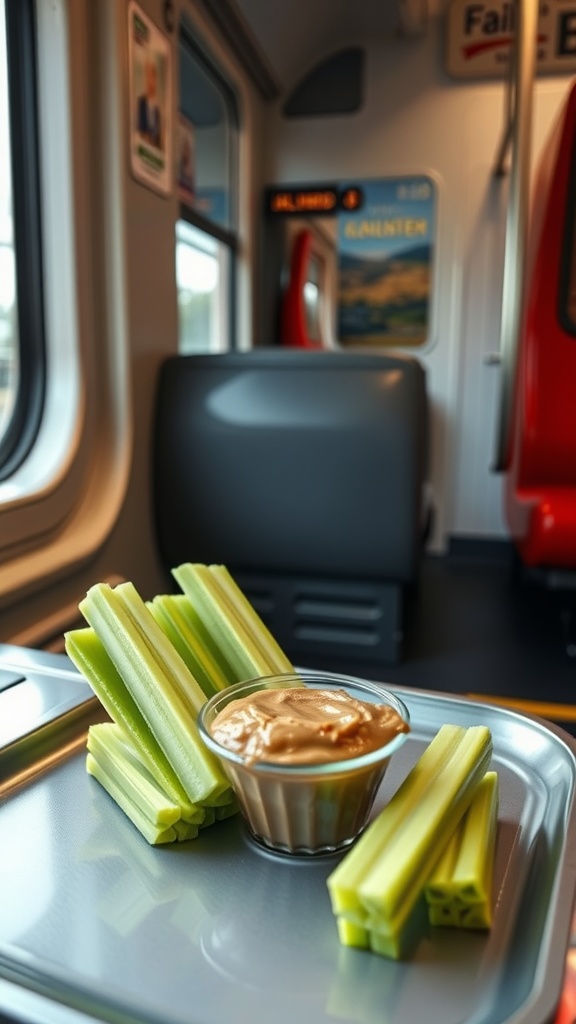 A tray with celery sticks and a bowl of almond butter, set in a train interior.