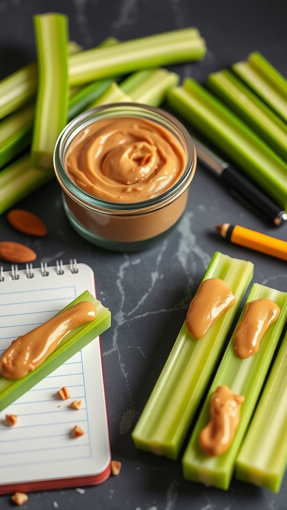 Celery sticks topped with almond butter on a notepad with a pen.