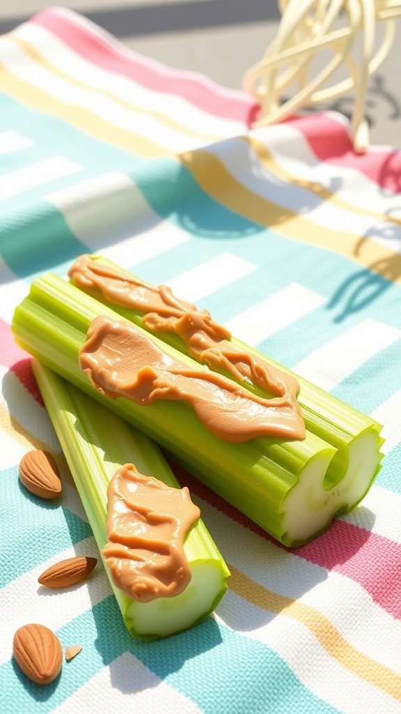 Celery sticks with almond butter on a striped beach towel.