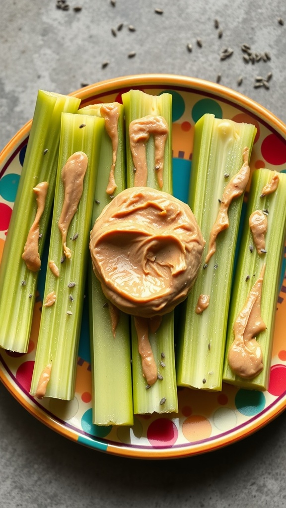 Celery sticks topped with almond butter on a colorful plate.