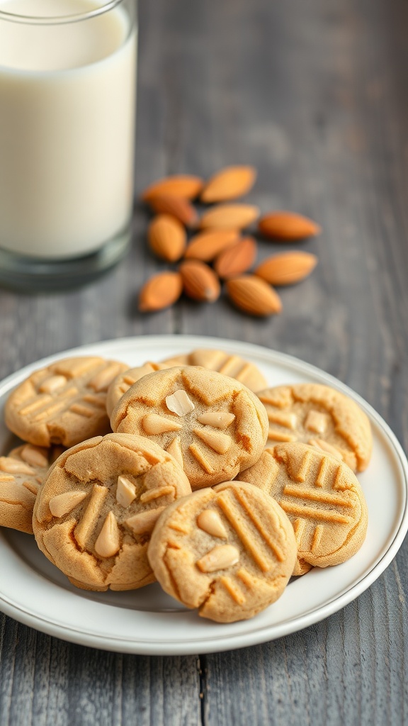 Plate of almond butter cookies with a glass of milk and almonds on the side.