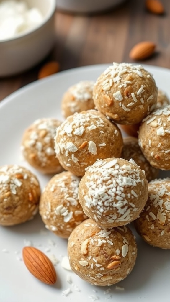 A plate of almond butter energy balls with shredded coconut and almonds.