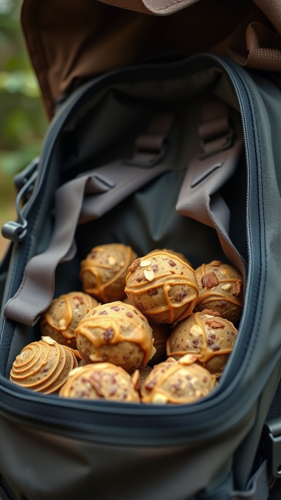 A close-up of almond butter energy bites in a backpack.