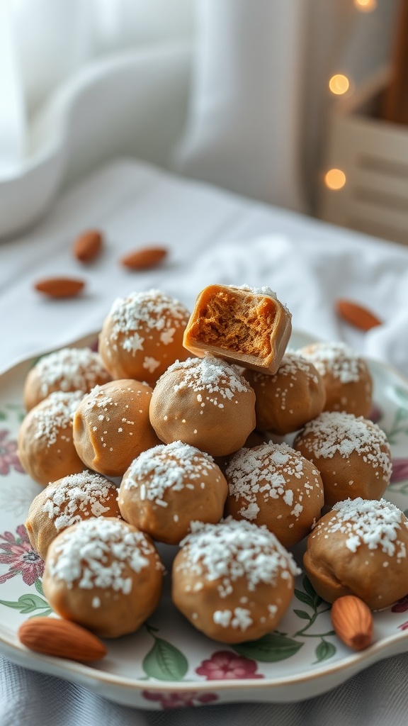 Plate of almond butter fat bombs with one partially bitten