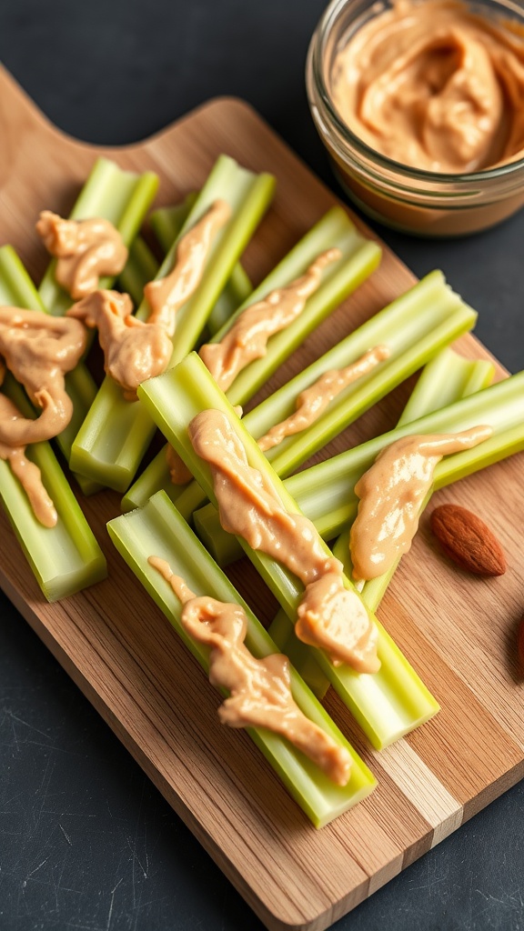 Celery sticks topped with almond butter on a wooden cutting board.