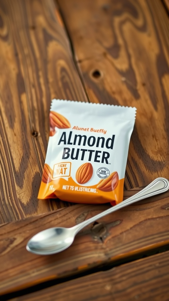 Almond butter packet on wooden table with spoon