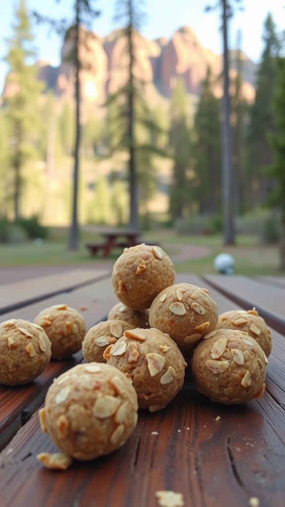 A close-up of almond butter protein balls on a wooden table with trees and mountains in the background.