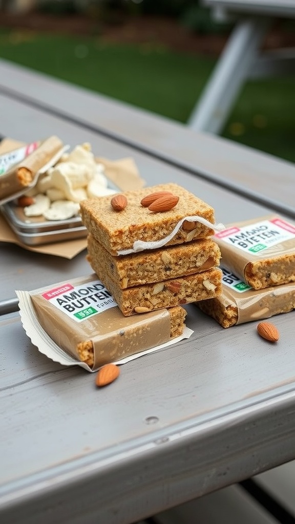 A stack of almond butter protein bars on a picnic table with almonds scattered around.