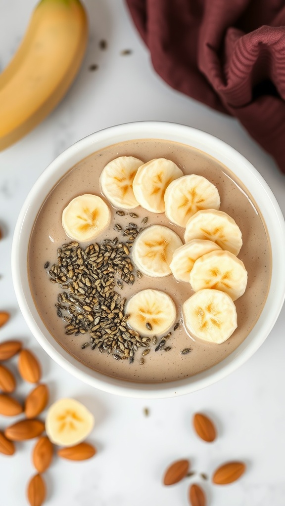 A vibrant almond butter smoothie bowl topped with banana slices and chia seeds, with almonds scattered around.