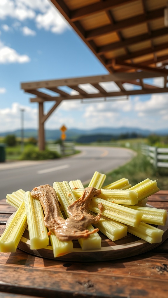 A plate of celery sticks with almond butter on a wooden table outdoors.