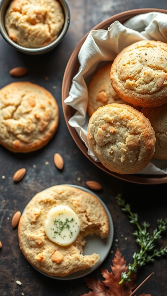 A plate of almond flour biscuits with one split open, showing a soft texture, accompanied by a small dish of butter