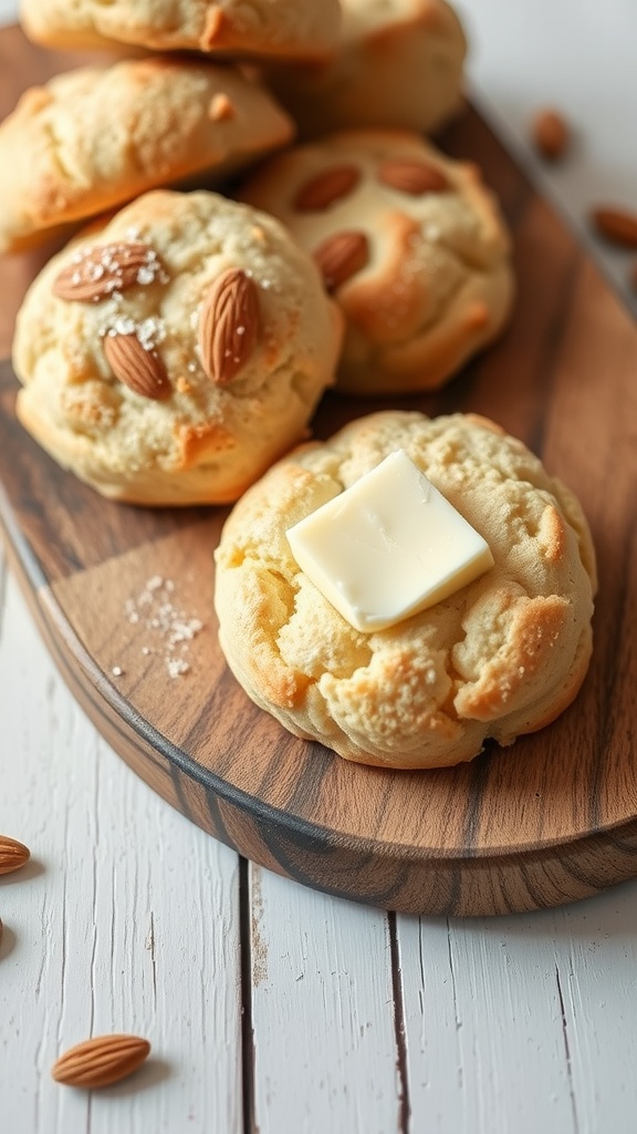 Almond flour biscuits with a pat of butter on top, surrounded by sliced almonds.