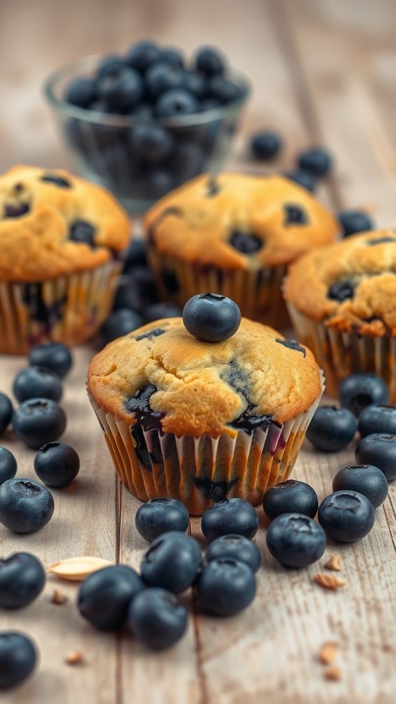 Almond flour blueberry muffins with fresh blueberries around them.