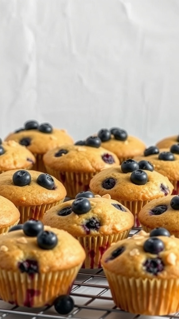 Freshly baked almond flour blueberry muffins cooling on a rack.