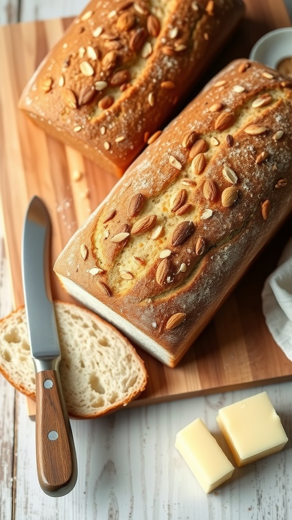 Freshly baked almond flour bread loaves on a wooden cutting board with butter and a knife.