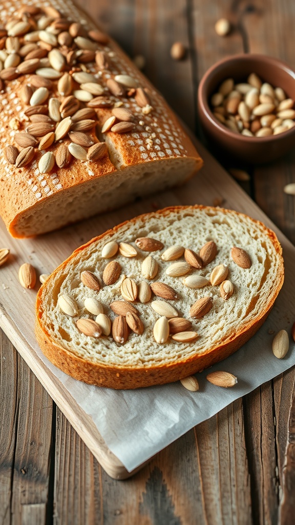 Sliced almond flour bread topped with various seeds on a wooden board