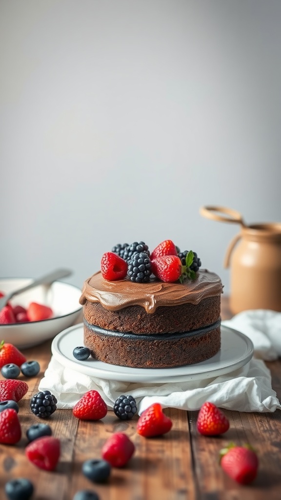 A rich almond flour chocolate cake topped with fresh berries on a wooden table.