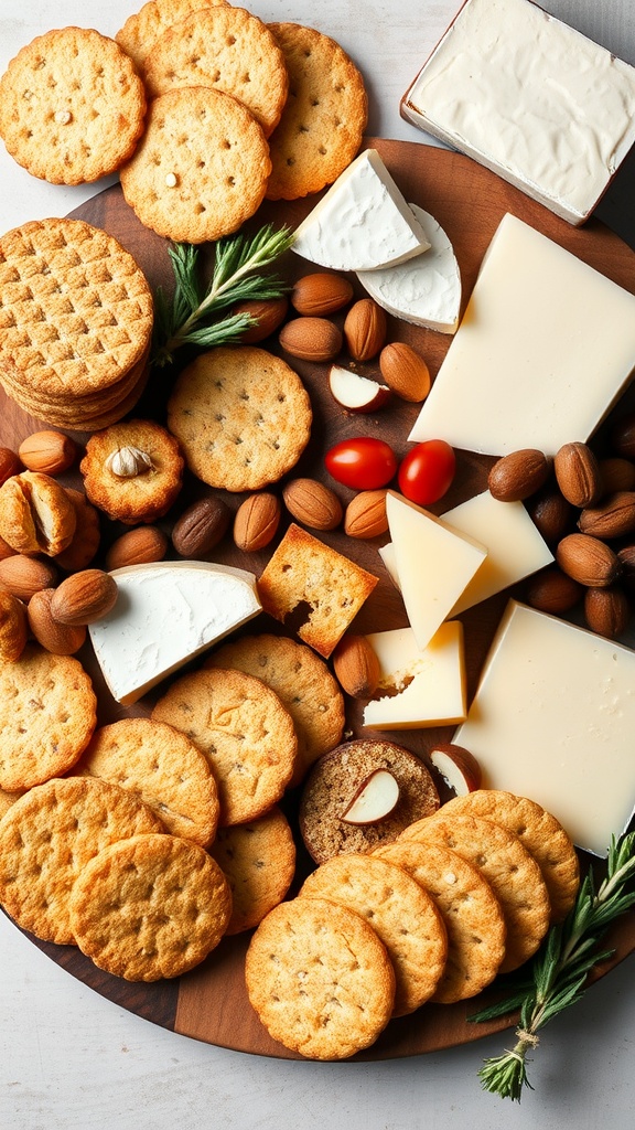 A plate of almond flour crackers and various cheeses surrounded by almonds and cherry tomatoes.