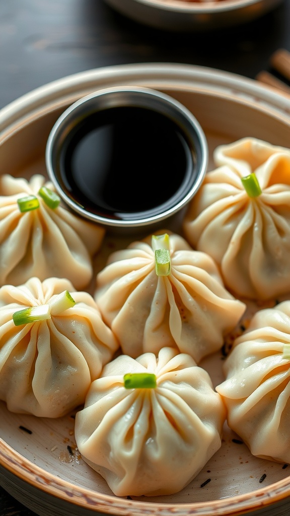 A plate of almond flour dumplings with a dipping sauce.