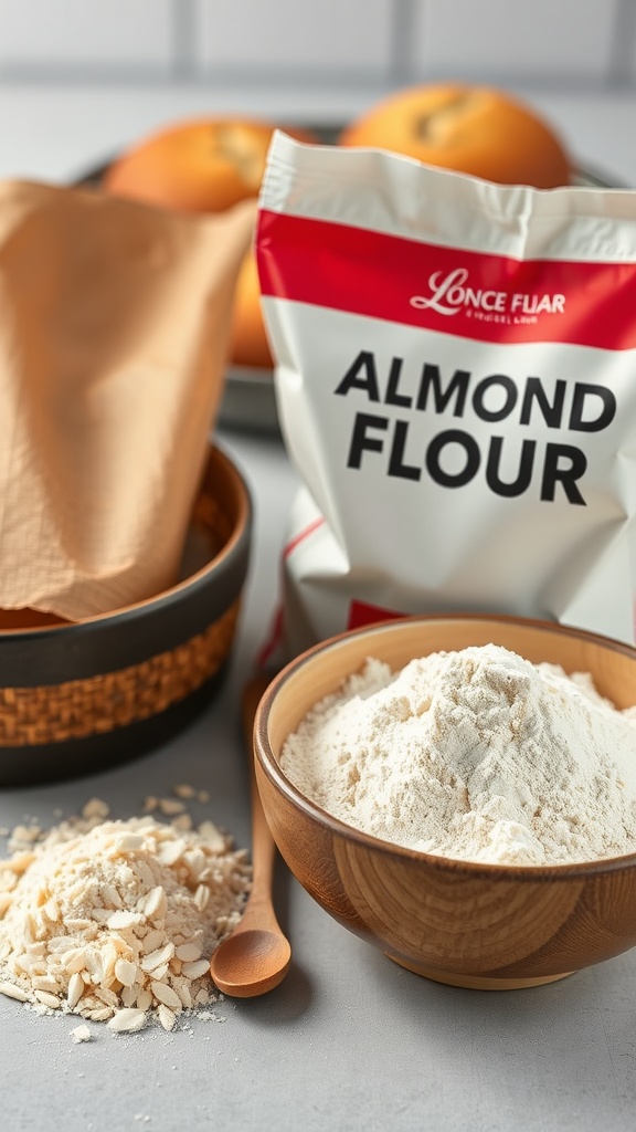 A bag of almond flour next to bowls of almond flour and sliced almonds, with some oranges in the background.