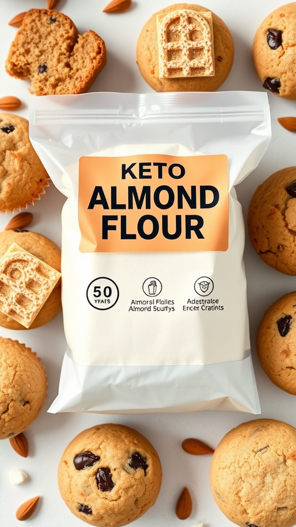 A package of almond flour surrounded by freshly baked muffins and almonds.