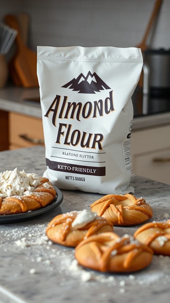 A bag of almond flour sits on a kitchen counter next to freshly baked pastries.