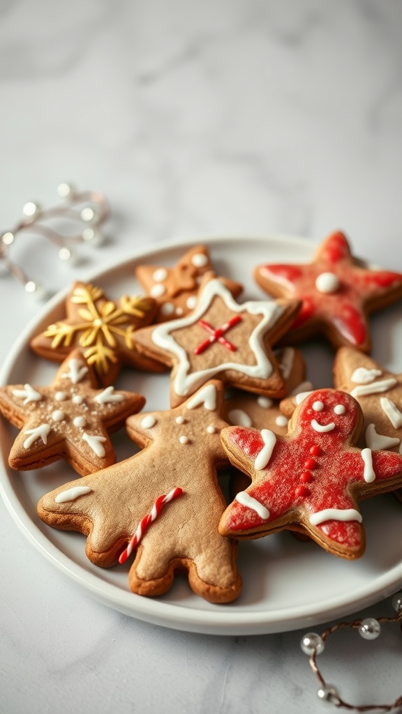 A plate of decorated gingerbread cookies, including stars and gingerbread men, adorned with colorful icing.