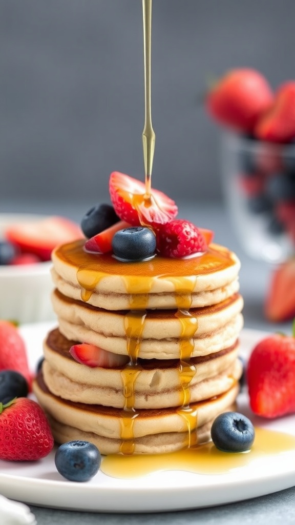 A stack of almond flour pancakes with syrup and berries on a white plate.