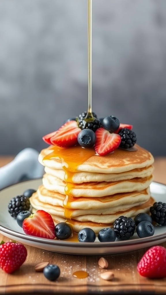 A stack of almond flour pancakes topped with berries and syrup.