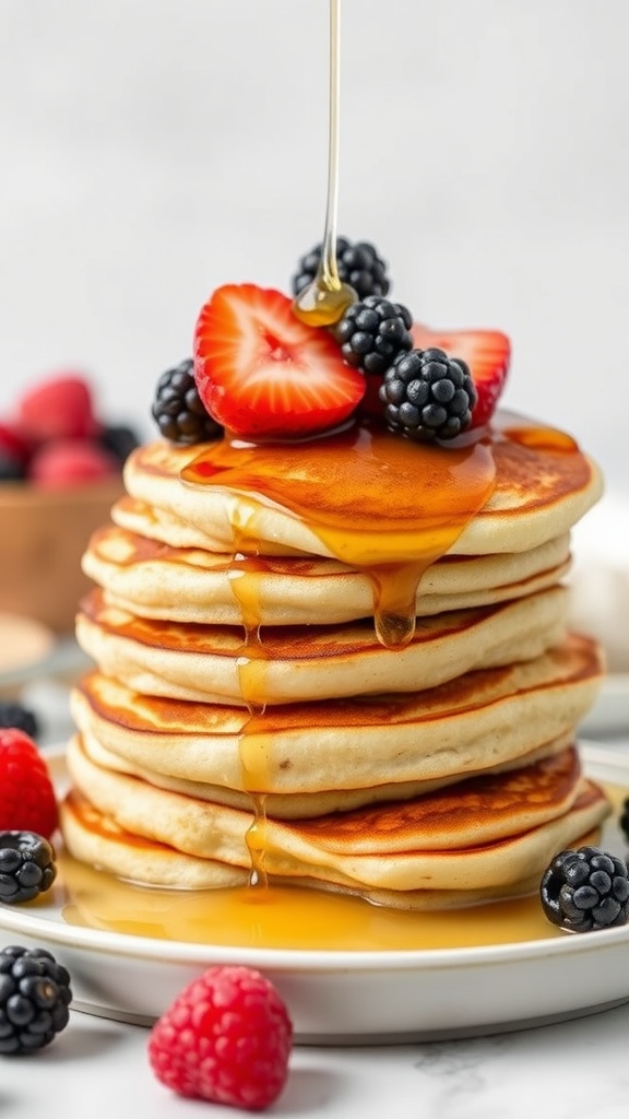 A stack of almond flour pancakes topped with strawberries and blackberries, with syrup drizzling down.