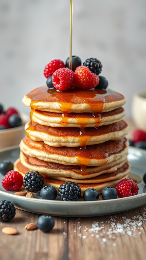 Stack of almond flour pancakes topped with berries and syrup