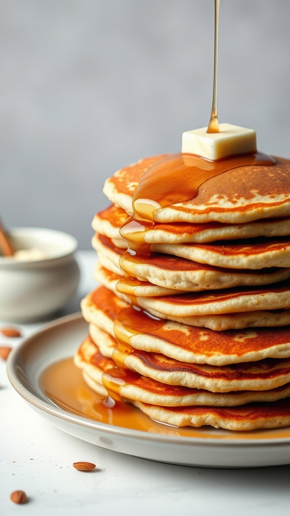 Stack of almond flour pancakes with syrup and butter on top.