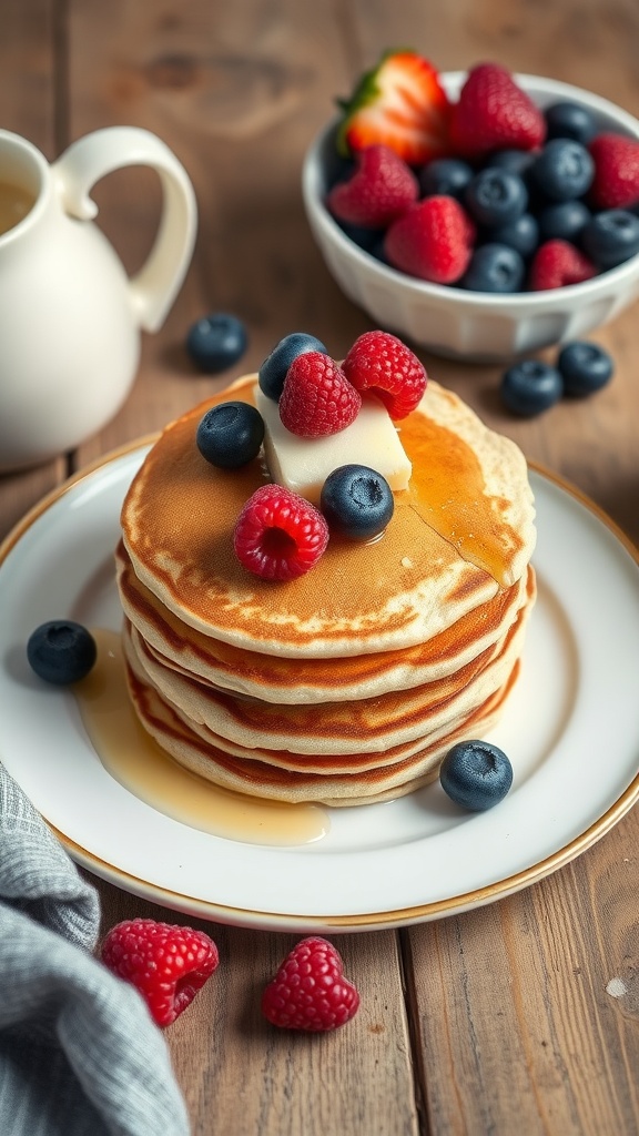 Stack of almond flour pancakes topped with fresh berries and syrup.