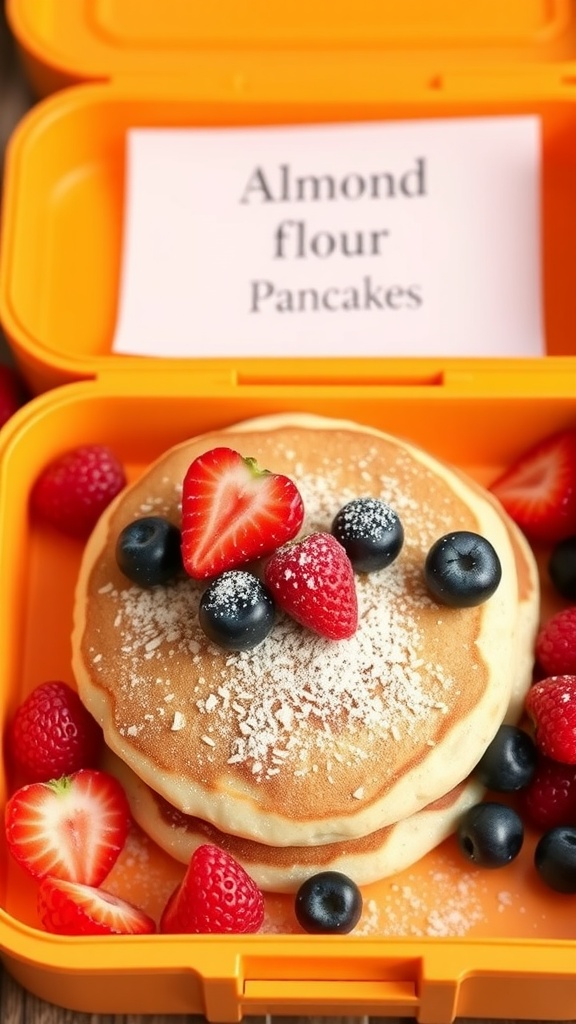 Almond flour pancakes topped with strawberries and blueberries in a lunchbox