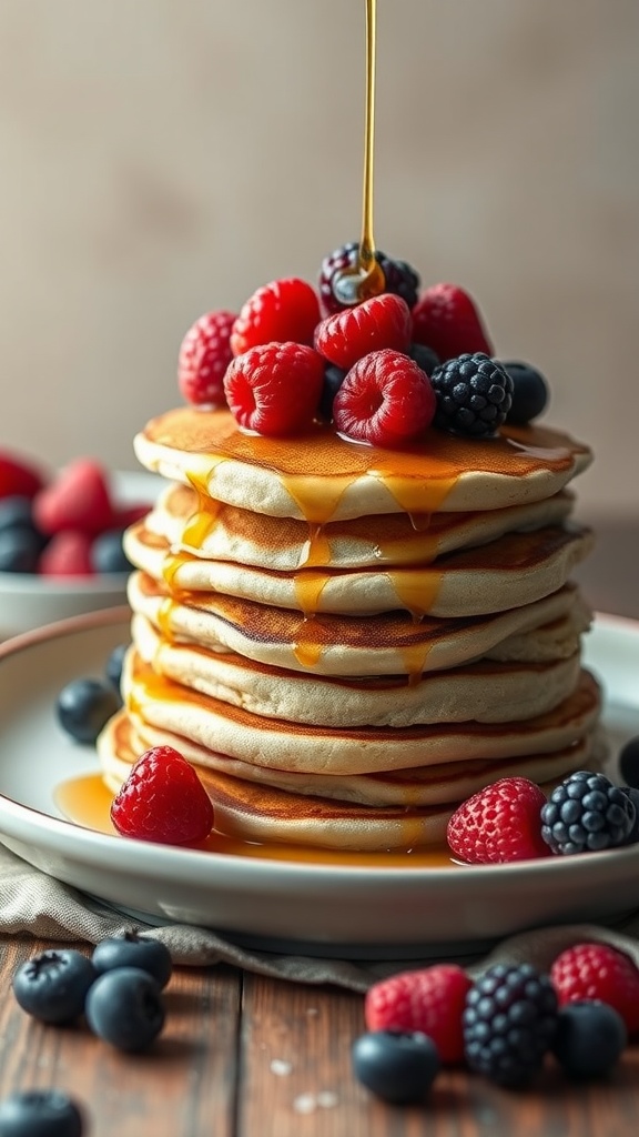 Stack of almond flour pancakes topped with fresh berries and syrup