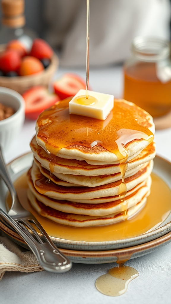 Stack of almond flour pancakes with butter and syrup on a plate