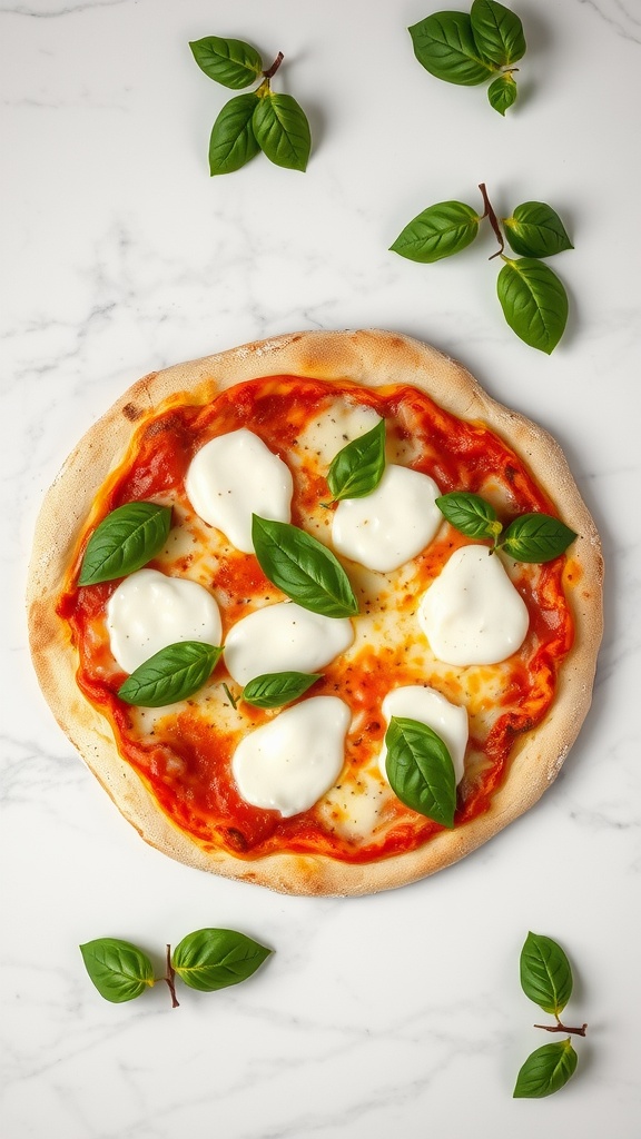 A close-up of a keto pizza topped with mozzarella cheese and fresh basil on an almond flour crust.