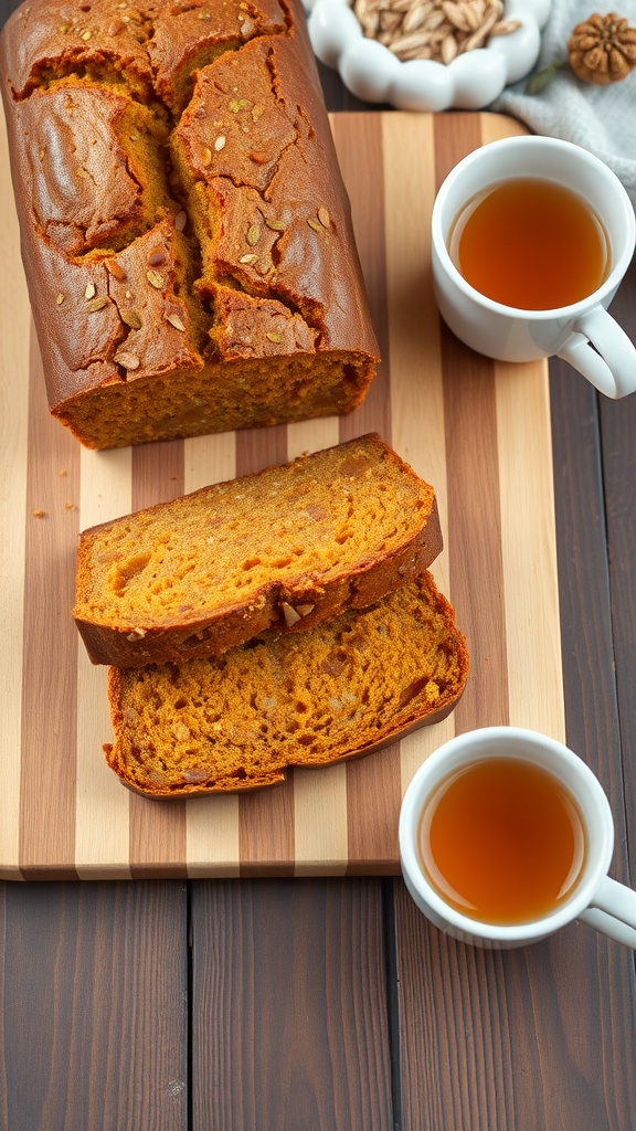 Sliced almond flour pumpkin bread on a wooden board next to cups of tea.