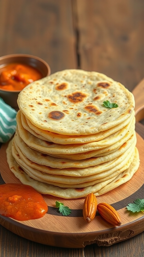 A stack of almond flour roti with a bowl of sauce and garnishes.