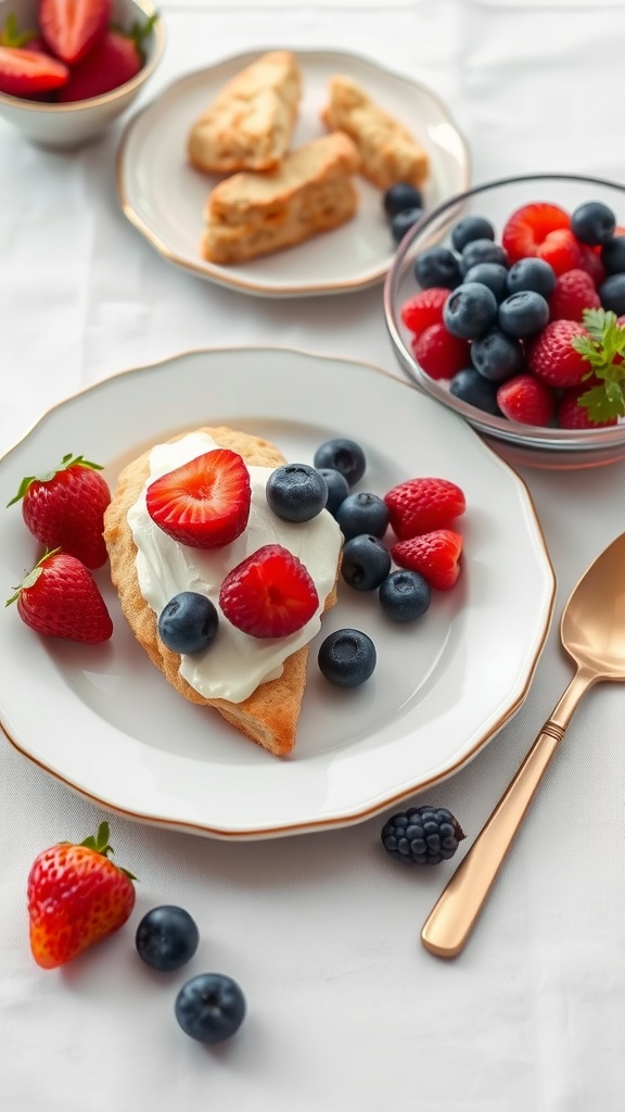 Almond flour scones topped with clotted cream and fresh berries on a plate.