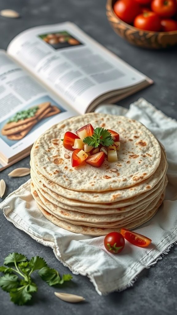 A stack of almond flour tortillas with fresh vegetables and a cookbook in the background.