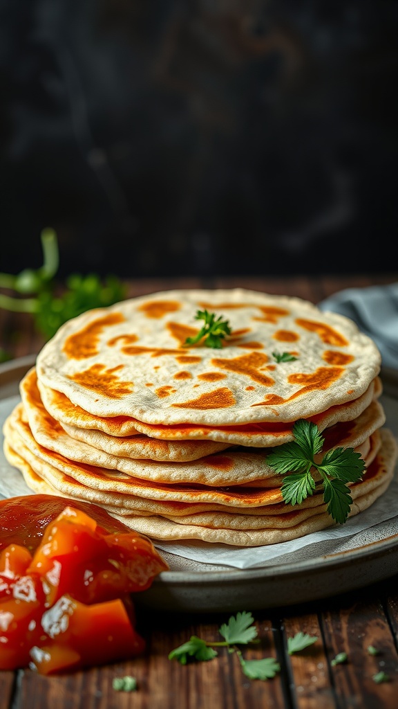 Almond flour tortillas stacked on a plate with some salsa on the side.