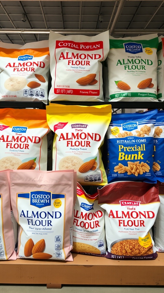 Various bags of almond flour on display at Costco