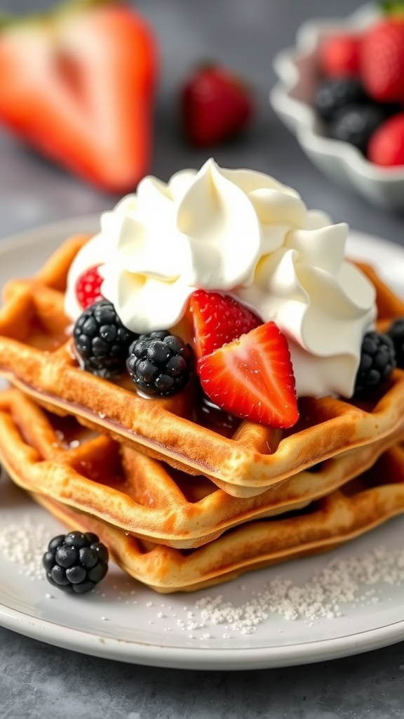 Stack of almond flour waffles topped with whipped cream, strawberries, and blackberries