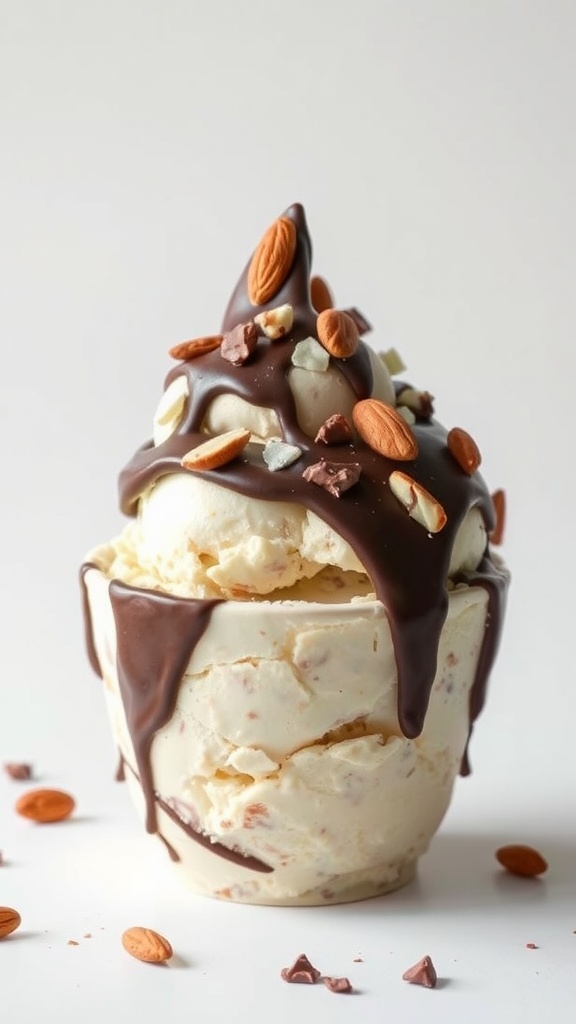 A bowl of ice cream topped with chocolate drizzle and almonds