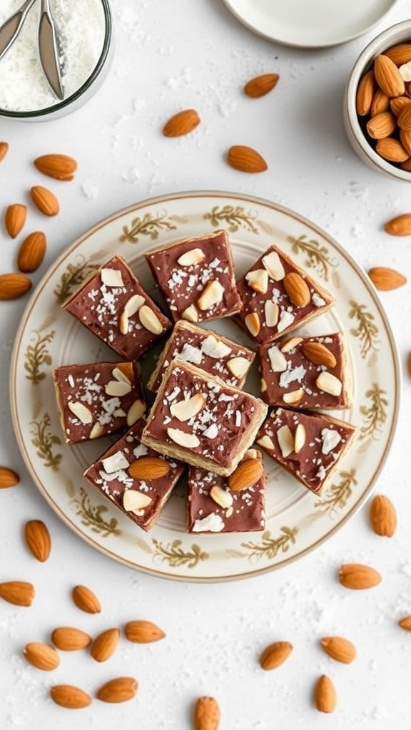 Delicious Almond Joy Keto Bars arranged on a decorative plate, surrounded by almonds and coconut.