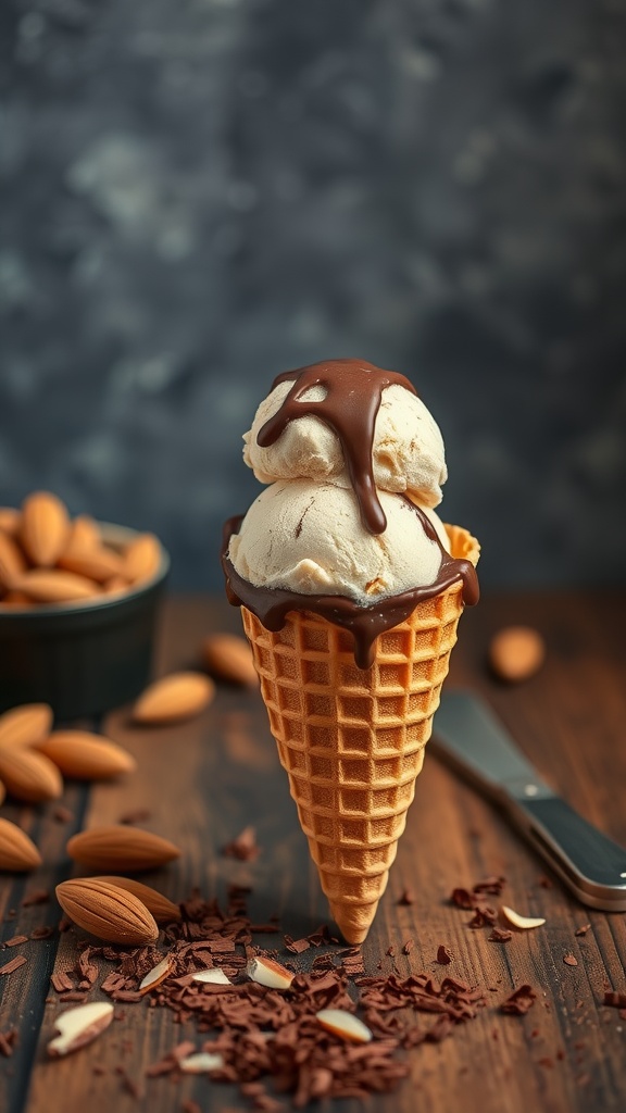 A delicious scoop of almond milk chocolate ice cream drizzled with chocolate sauce, served in a waffle cone with almonds and chocolate shavings.